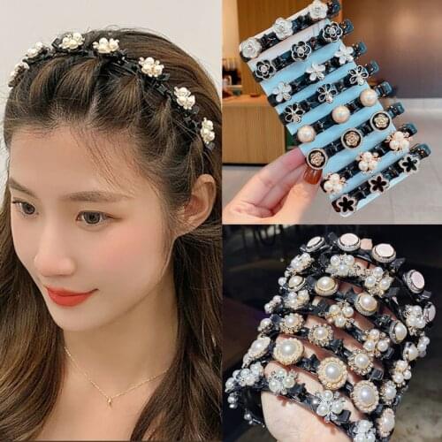 Crystal Hair Clips Beaded Hairband Imitation Pearl Braided Headwear Sweet Chic Bangs Fixed Hair Claw For Women Hair Accessories