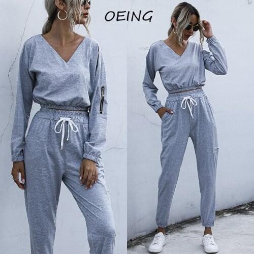 Exercise Two Piece Jogging Suits for Women Fitness Tracksuit Gray Long Sleeve Crop Tops and Pants Sweat Sets