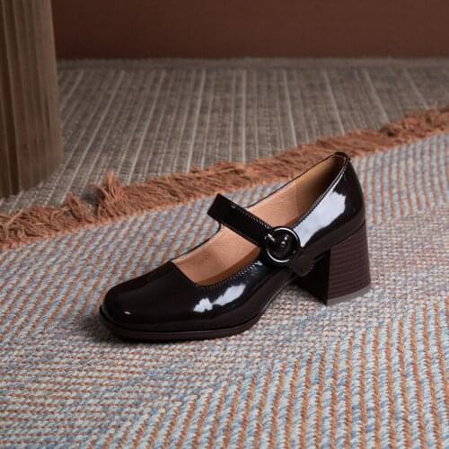 Osunlina Mary Janes Lady Pumps Round Toe Genuine Cow Leather Concise Footwear High Square Heels Buckle Strap Elegant Woman Shoes