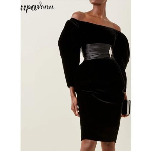 Free Shipping 2021 New Chic Velvet Dress Womens Off Shoulder Puff Sleeve Diamond Button Dress Celebrity Club Party Black Dress