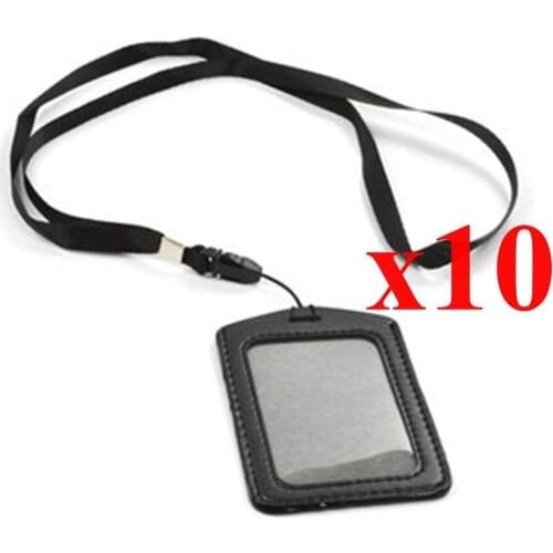 Black 10 Set of Faux Leather Business ID Badge Card Holder with Long Neck Strap Band Lanyard (36 inch full round length) (10 Set