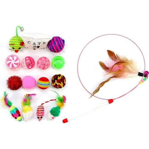 16 pcs Pet Cat toy Set Feather Teaser Wand Catnip Toys Ball Rings cats interactive Products Cat Toys Set 16pcs/set