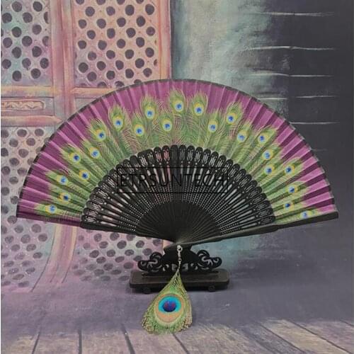 30pcs Peacock Folding Hand Fan Bamboo Silk Dance Performance Women Lady Fans Wedding Party Decoration Favor and Gift