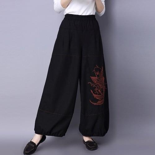 Embroidery Cotton Hemp Lantern Pants Loose Waist Long Pants For Women Large Size Leisure Broad-Legged Baggy Harem Pants 12001