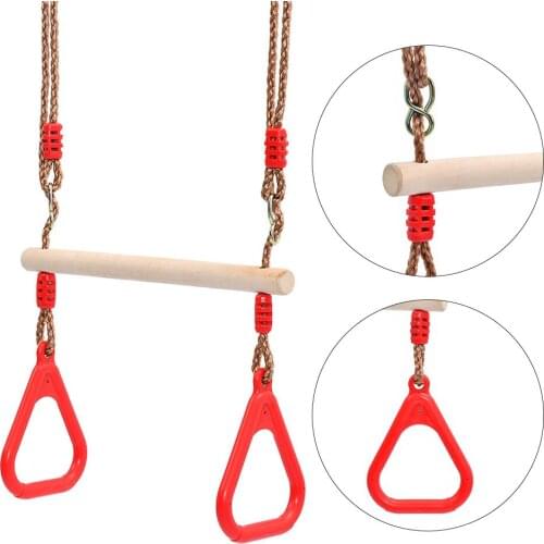 Childrens Wooden Trapeze Swing Bar with Plastic Gym Rings for Indoor Outdoor Fun Kids Children Adult Fitness