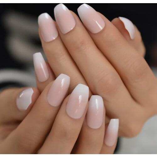 Medium Shiny Coffin French Nail Gradient Nude Natural Ballerinas Nail Tips Daily With Glue Stickers Practice Nail Tips