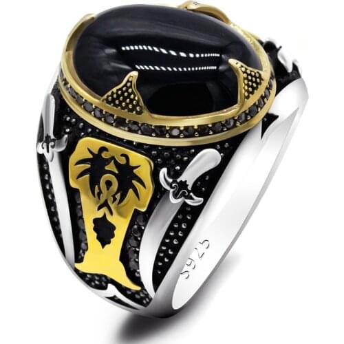 Guaranteed 925 Silver Rings Antique Turkey Ring For Men Islam Muslim Double Sword Black Natural Agate Turkish Male Rock Jewelry