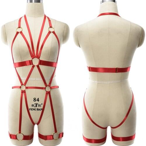 JLX.HARNESS Full Bodysuit Red Body Cage Sexy Lingerie Set Dance Rave Wear Bondage Body Harness Belt Adjustable Bra Garter