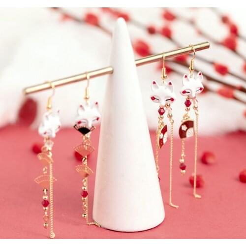 Chinese Antique Style Ceramic Fox Tassel Earrings For Women Fashion Japanese Fan Long Pendant Animal Cute Drop Ears Accessories