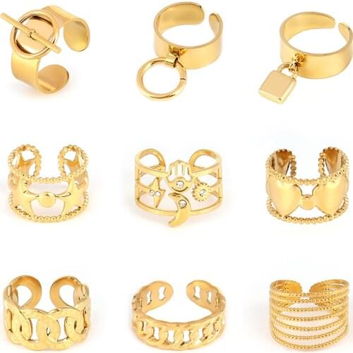 Chain Rings Stainless Steel Rings Punk Geometric Open Finger Rings For Women Rings Gold Wide Rings Chain Charm Jewelry Rings