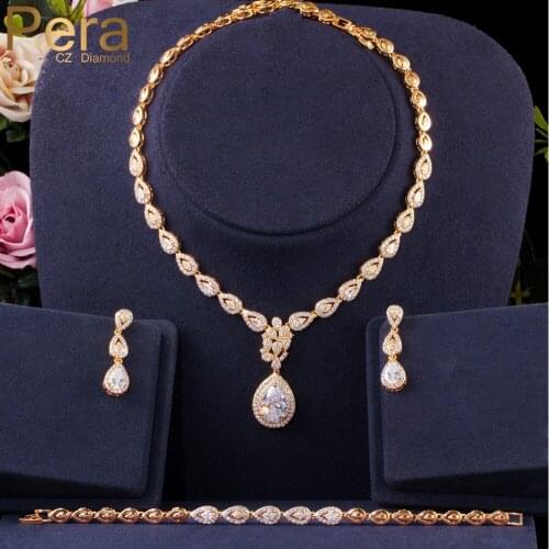 Pera 585 Gold Long Water Drop Cubic Zirconia Luxury Wedding Party 3pcs Necklace Jewelry Sets for Brides Dress Accessories J322
