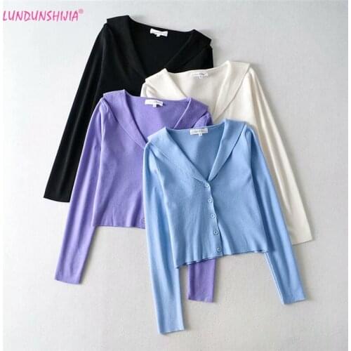 LUNDUNSHIJIA 2020 Autumn Women Fashion Streetwear Long-Sleeve Cardigans Elastic Knittng Turn-down Collar Shawl Sweater Crop Tops