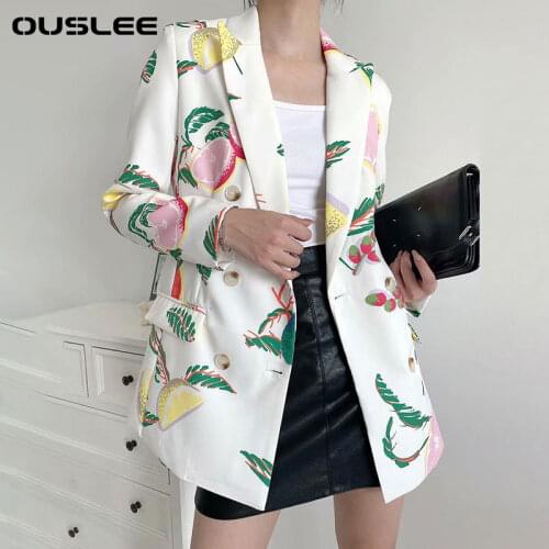 Ouslee Women Fashion Fruit Print Blazer Coat Double Breasted Vintage Casual Long Sleeve Pockets Female Outerwear Chic Tops