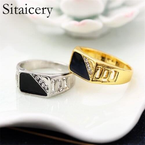 Sitaicery Gold Silver Plated Black Enamel Rings Men Vintage Ring Punk Classic Black Drip Imitation Black Stones Male Enamel Ring