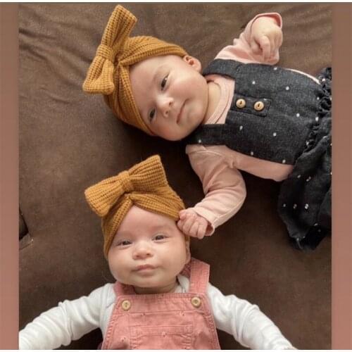 2021 New Winter Warm 0-4y Kids Waffle Pattern Knitted Hat Soft Newborn Baby Girls Caps Children Big Bow Turban Hotography Props