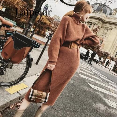 Laipelar 2020 Winter Female Sweater Dress Women Pullover Turtleneck Long Sleeves Warm Slim Sweater Knitted Dress With Belt