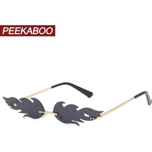 Peekaboo women vintage sunglasses fire mirror green 2019 summer gold metal frame rimless sun glasses for women narrow eyewear