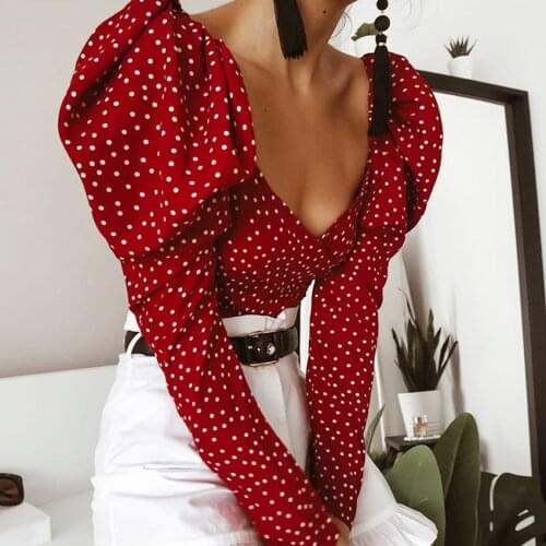 Autumn Red Polka Dot Print Crop Top Blouse Women Long Puff Sleeve Top Sexy V Neck Backless Corset Top Blouse Blusas Elegantes