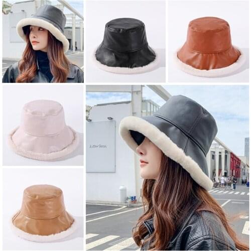 Bucket hat plus velvet панамы women winter warm plush side basin hat PUleather solid color cute fisherman hat