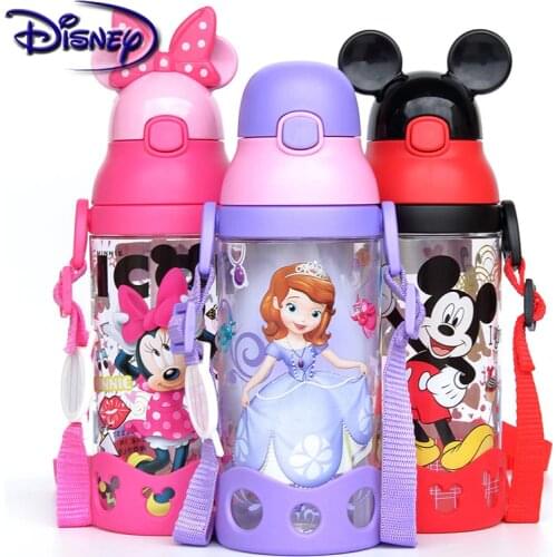 Disney Minnie Plastic Cup Mickey Cup Fashion Anti-falling Strap Cup Handle Baby With Straw Leak-proof
