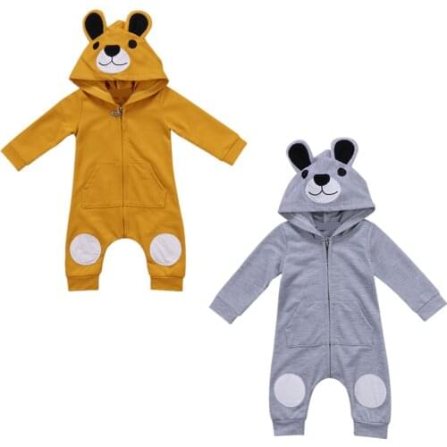 Pudcoco US Stock New Fashion Print Bear Newborn Kids Baby Boy Girls Infant Romper Jumpsuit Hooded Clothes Outfits