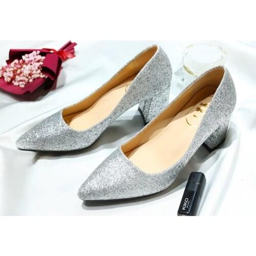 Silver Sequin Bling Wedding Shoes Slip-on Pointed Toe Chunky Square Heel Women Pumps for Party Banquet Pregnant Bridesmaid