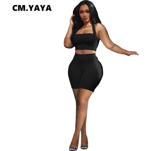 CM.YAYA Workout Solid Womens Two 2 Piece Tracksuit Sexy Street Halter Neck Crop Tops and Shorts Matching Set Active Sweatsuit