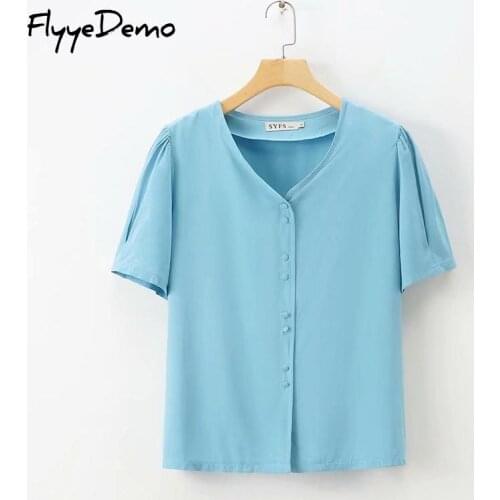 Plus Size Solid Blouse Women Casual Solid Short Sleeve Casual V Neck Buttons Shirt Tops Blusas Mujer De Moda Loose Women Blouse