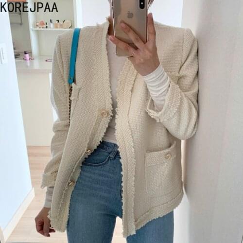 Korejpaa Women Jackets 2021 Korean Fashion Chic Temperament V Neck Hair Edge Stitching Three Button Loose Pocket Coat Top