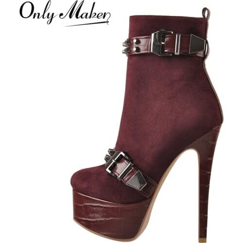 Onlymaker Winter Womens Platform Ankle Boots Black Red Faux Suede Metal Buckles Rivet Thin High Heel Booties Zipper Large Size