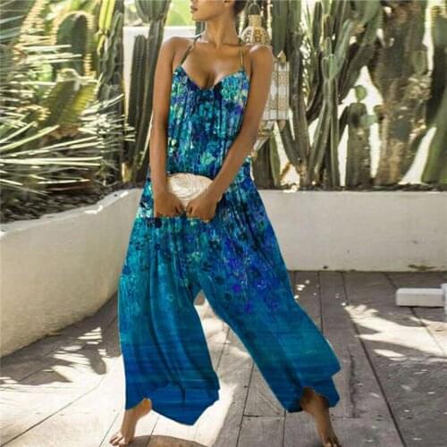 Female jumpsuit Retro Print Sexy Tie Backless Jump Suit Women Overalls V-Neck bodysuit Romper Playsuit Flare Pant Long Jumpsuit