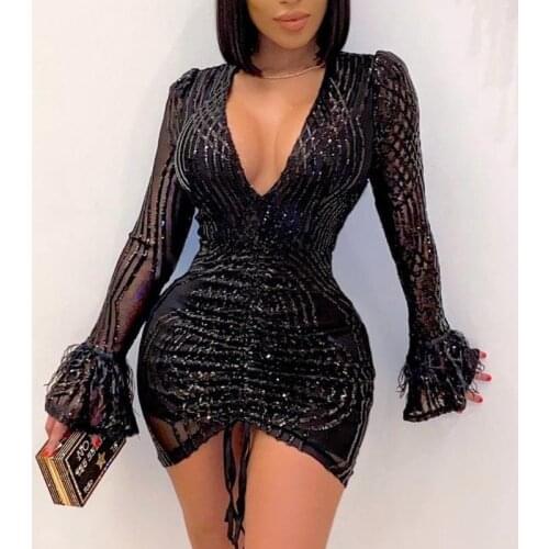 Women Sequins Flared Long Sleeve Bodycon Slim Party Dress