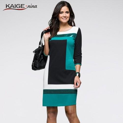 KaigeNina New Fashion Hot Sale Women Natural Simple Casual O-Neck Half Regular Sleeve Patchwork Pattern Knee-Length Dress 1179 a