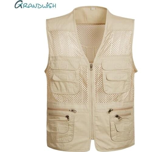 Grandwish Summer Mens Casual Vest With Multi Pockets Cotton Men Vests Male Sleeveless Mesh Zipper Waistcoat Plus Size 4XL,DA844