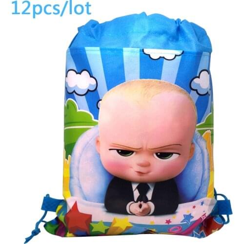 12pcs/lot Kids Favors Baby Boss Theme Blue Non-woven Fabrics Mochila Birthday Party Baby Shower Decoration Drawstring Gifts Bags
