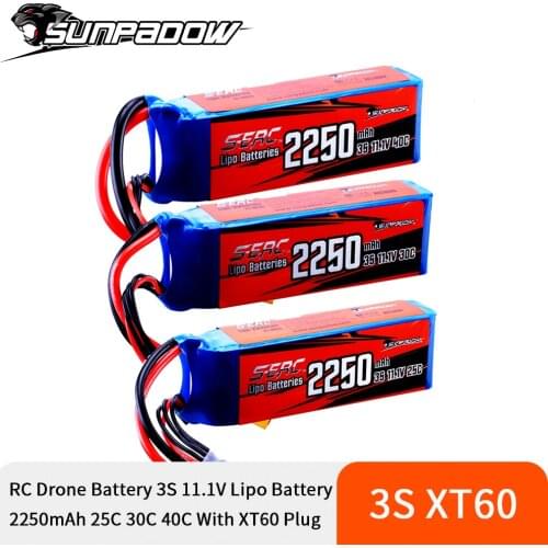 1/2PCS Sunpadow 3S 11.1V Lipo Battery 2250mAh 25C 30C 40C with XT60 Plug for RC Airplane Quadcopter Drone FPV Boat Helicopter
