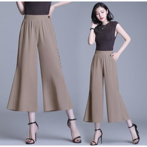 2021 Fashion High Waist Work Pants Womens Chiffon Trousers Celmia Autumn Casual Buttons Loose Elegant Party Wide Leg Pants