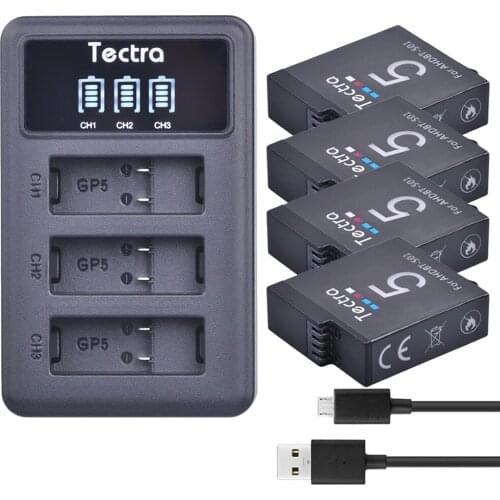 4PCS 1600mAh AHDBT-501 Camera Battery for Gopro Hero5 +LED 3-Slot USB Charger with Type-C Port for Gopro Hero 5