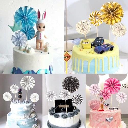 4Pcs/lot Mini Paper Fan Sun Flower Cake Topper Cupcake Topper Kids Happy Birthday Party Wedding Baby Shower Baking Dessert Decor