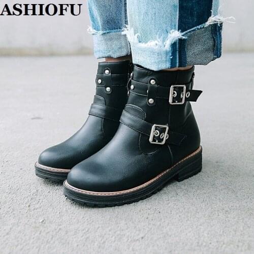 ASHIOFU New Wholesale Handmade Ladies Boots Low-heel Buckles-deco Martin Ankle Booties Fashion School Daily Wear Winter Boots