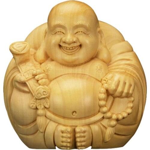 Wooden Mini Laughing Buddha Handmade Statue Chinese Buddhism Lucky Buddha Home Office Desktop Mini Decorative Statue