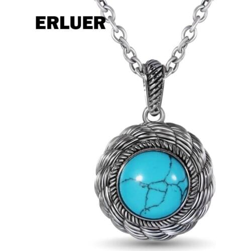 ERLUER Vintage Antique Silver Plated Round Charm Neckace For Women Men Blue Natural Stone American Retro Necklaces & Pendants