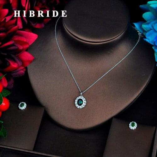 HIBRIDE Luxury Green Oval Flower Cubic Zircon Pendant Jewelry Sets Necklace Sets Earings Set Girl Gift Full Jewelry Set N-549