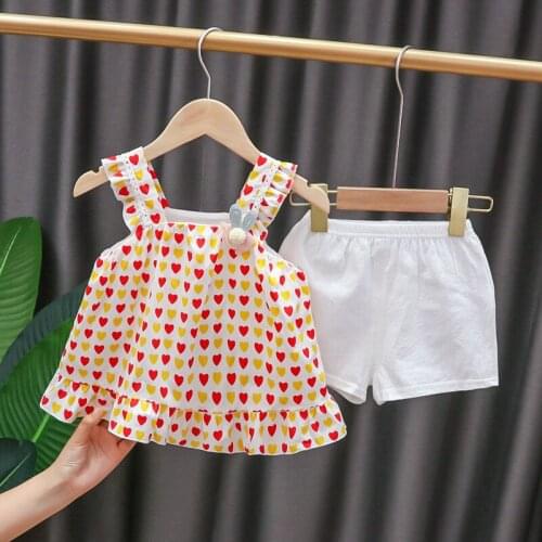 IENENS Summer Girl Clothes Sets Kids Sleeveless Clothing Outfits Love Print Tops + Shorts 1 2 3 Years Baby Cute Wear