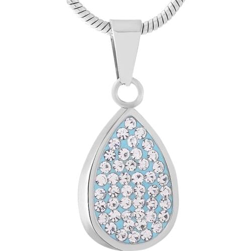 IJD9457 Stainless Steel Water Drop Shape Memorial Urn Jewelry For Ashes Keepsake Blue Crystal Teardrop Cremation Pendant Jewelry