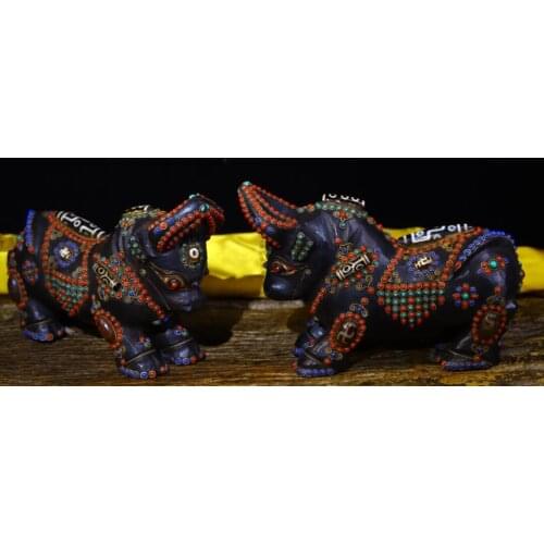 9"Tibet Temple Collection Old Natural meteorite mosaic Gem Dzi Bead Cow statue A pair Lucky Bull Bullish Town House Exorcism