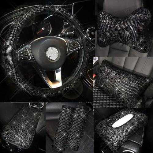 Creative Black Rhinestone Car Headrest Neck Pillows Waist Support Diamond Crystal Steering wheel Cover Auto Interior Accessories