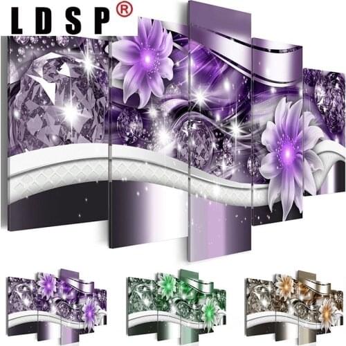 LDSP Purple Green and Yellow Magnolias Flowers Prints Canvas Painting 5 Panel Bling Wall Art Living Room Home Decor Gift for Her