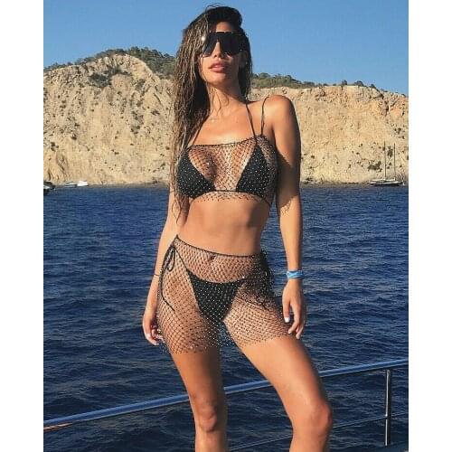 2021 New Women Crystal Fishnet Bikini Cover-ups Women Sleeveless See Through Sexy Beach Bodysuit Summer Swimwear Cover Ups