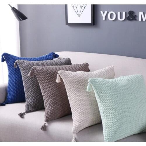 DUNXDECO Cushion Cover Cotton Knitted Cojines Square Pillow Case Nordic Fresh Plain Color Fringe Sofa Chair Seat Cushion